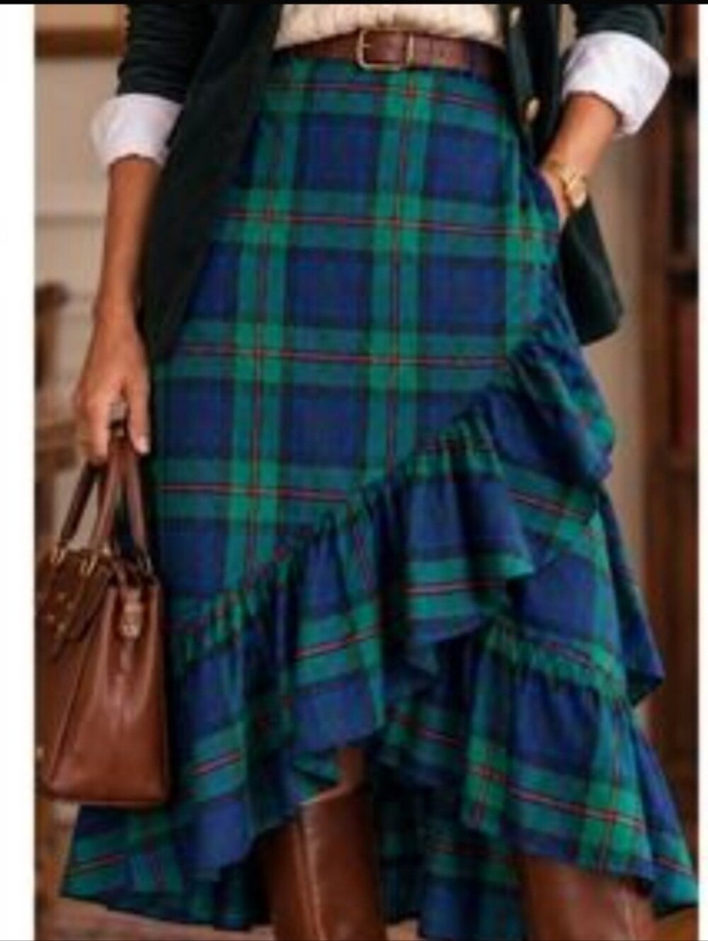 J. Crew Blue Green Tartan Plaid Faux Wrap Midi Skirt Size Small